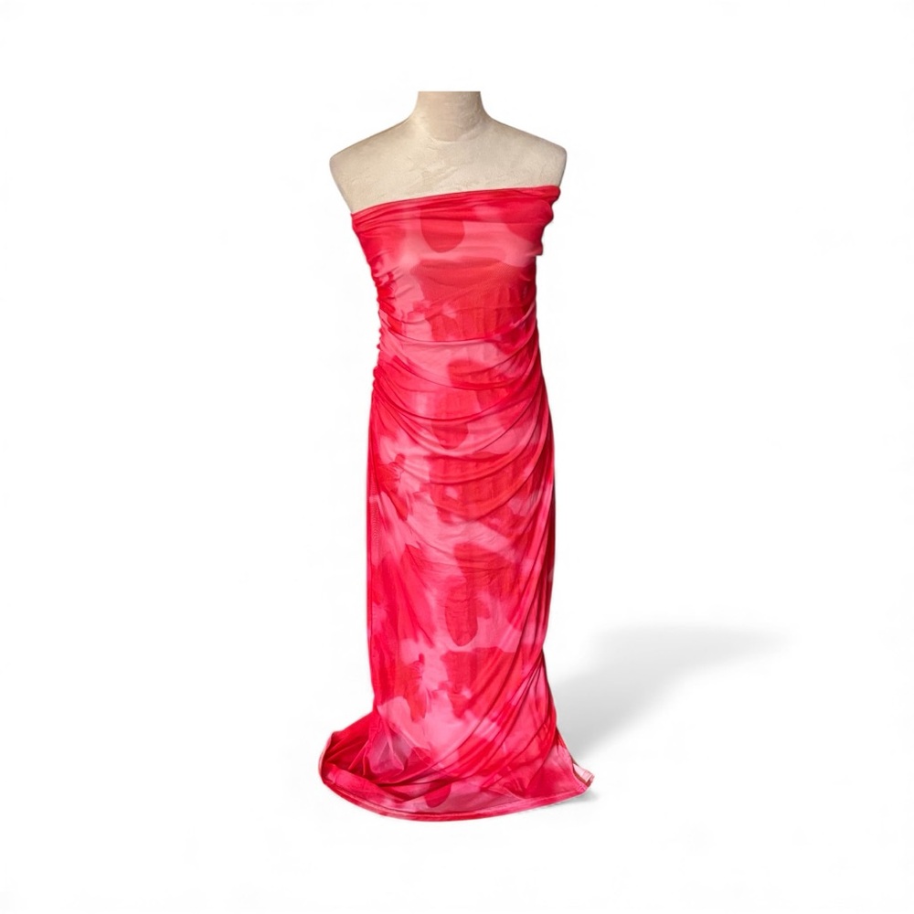 SHEIN EUC Sz L Vibrant Pink Tie Dye Camouflage Bodycon Gathered Midi Dress